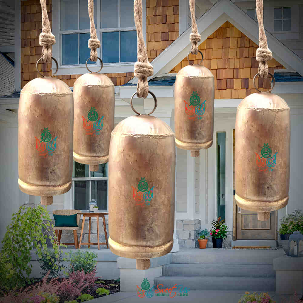 Vintage Rustic Large Tin Bell with Wooden Striker & Jute Hanger