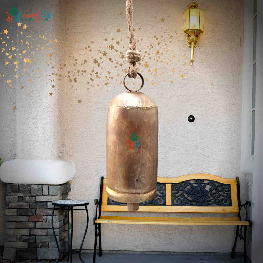 Vintage Rustic Large Tin Bell with Wooden Striker & Jute Hanger