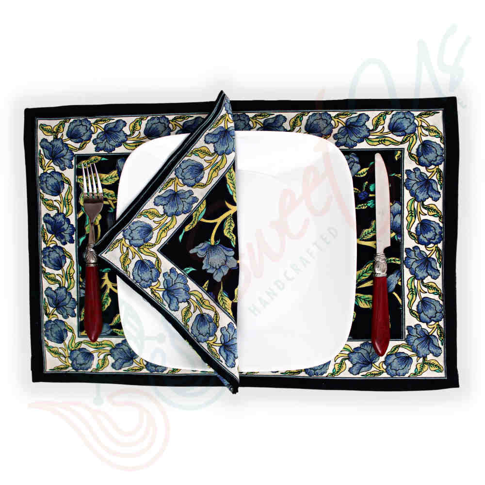 The Affluent Floral French Country Cotton Placemat, Power Black