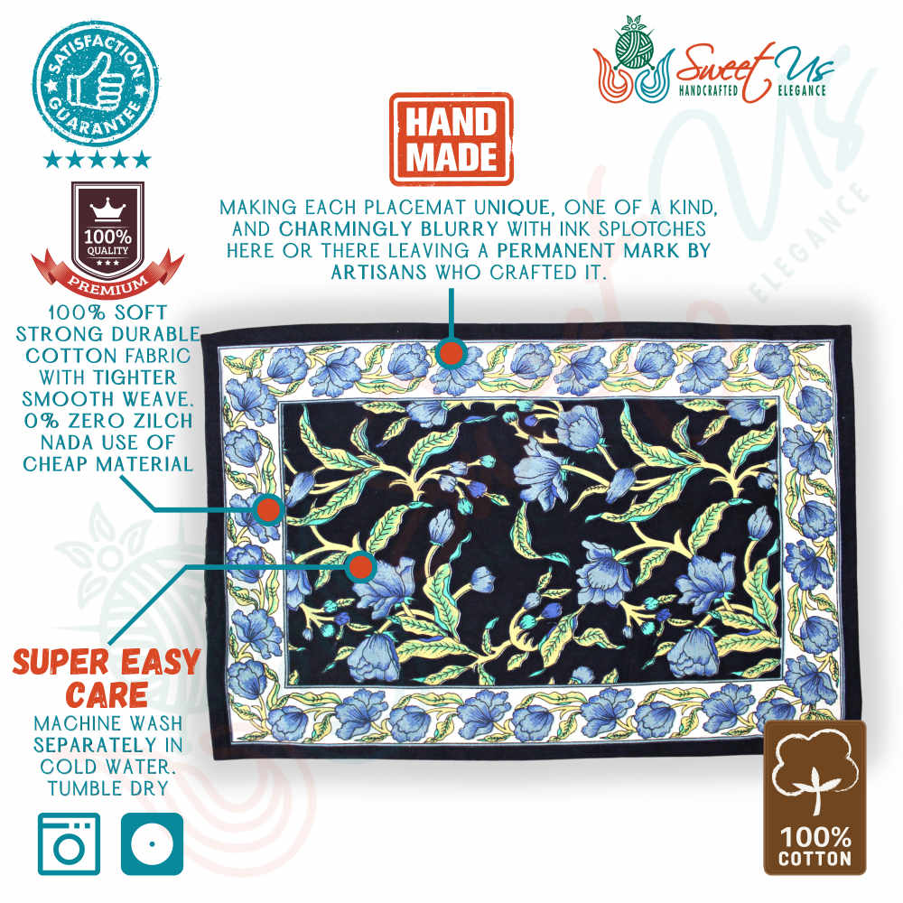 The Affluent Floral French Country Cotton Placemat, Power Black