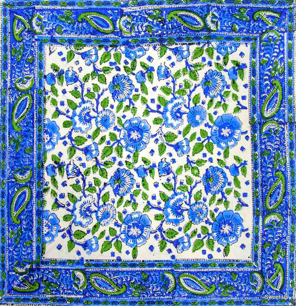 Block Print Floral Napkin Placemat Cotton Table Linen Blue Green Table Mat