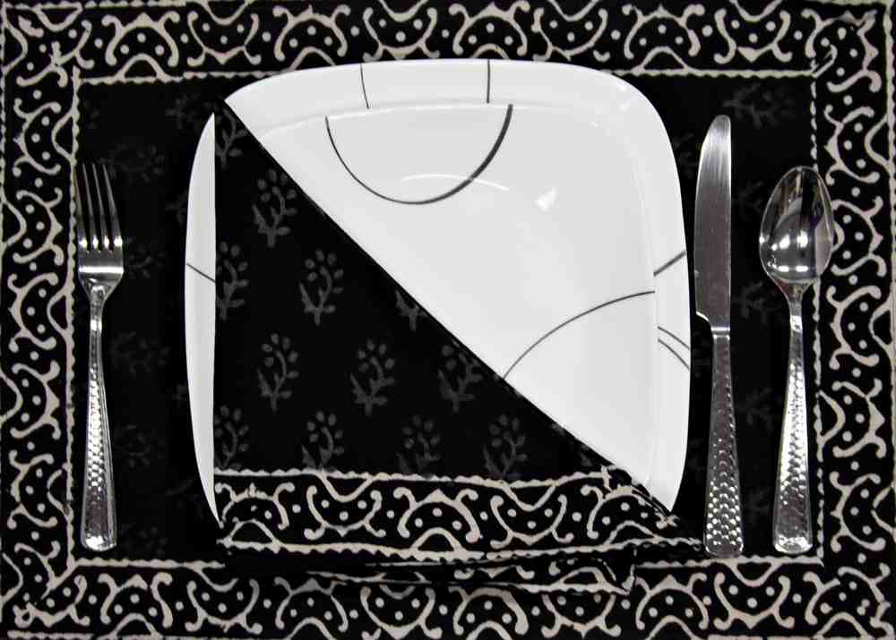 Cotton Hand Block Print Floral Buti Placemat Table Linen Black White