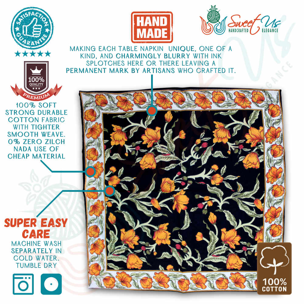 The Affluent Floral French Country Cotton Table Napkin, Amber Black