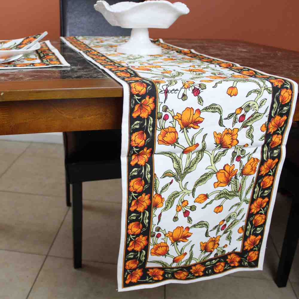 The Affluent Floral French Country Cotton Table Runner, Amber Olive