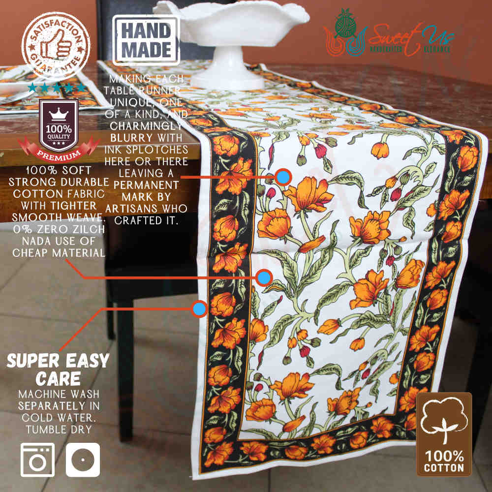 The Affluent Floral French Country Cotton Table Runner, Amber Olive