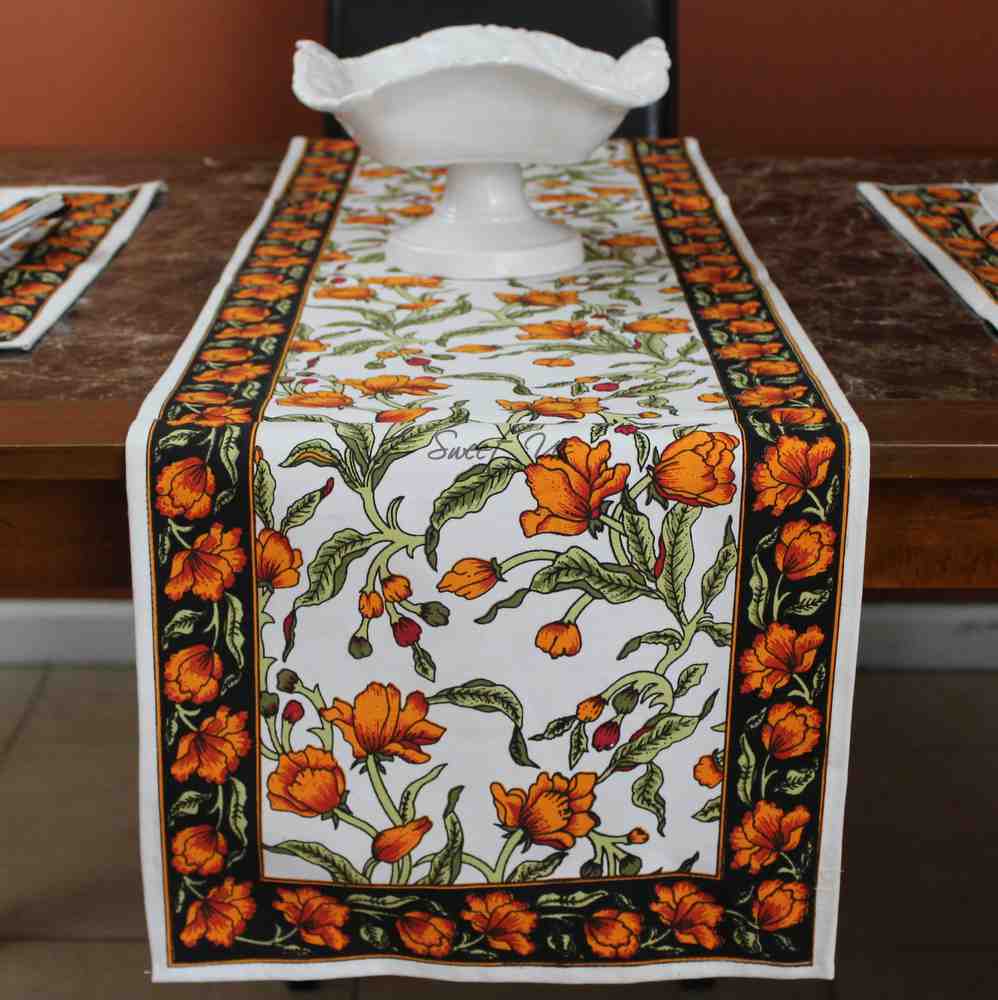 The Affluent Floral French Country Cotton Table Runner, Amber Olive