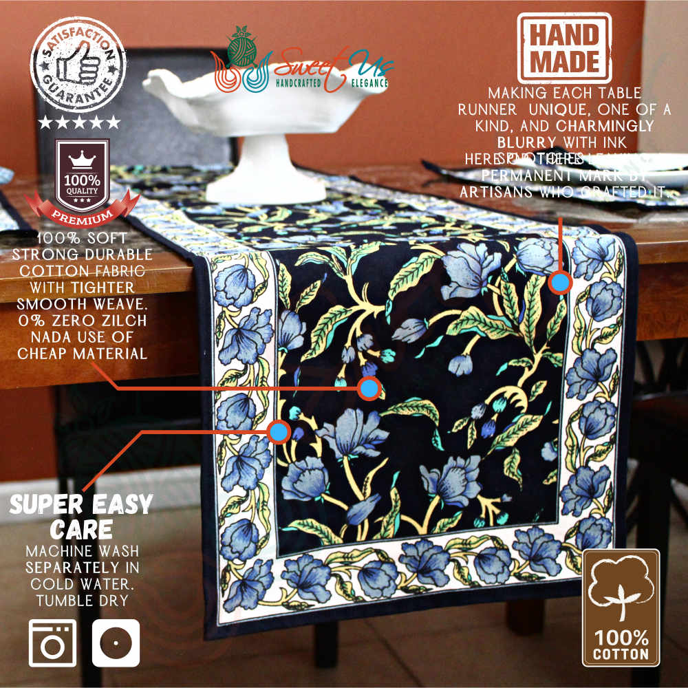 The Affluent Floral French Country Cotton Table Runner, Power Black