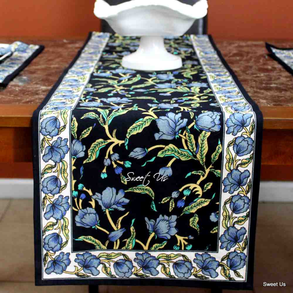 The Affluent Floral French Country Cotton Table Runner, Power Black