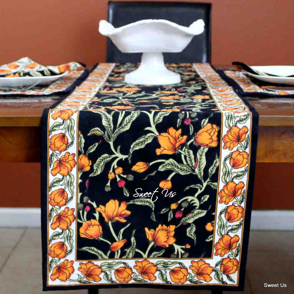 The Affluent Floral French Country Cotton Table Runner, Amber Black