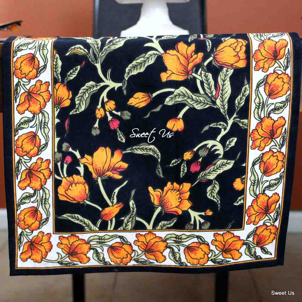The Affluent Floral French Country Cotton Table Runner, Amber Black