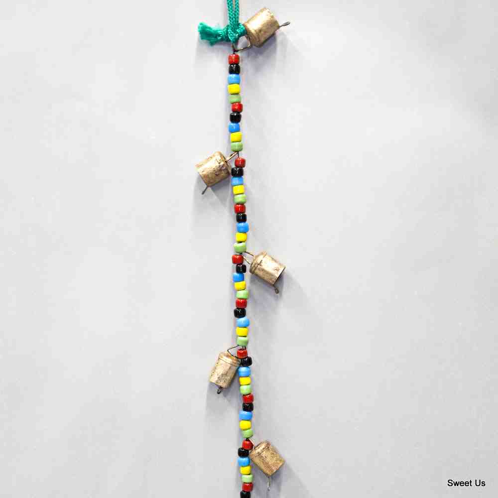 Chime of Ten Tin Bells with Metal Striker on 38" Long Cord with Colorful Beads - Sweet Us