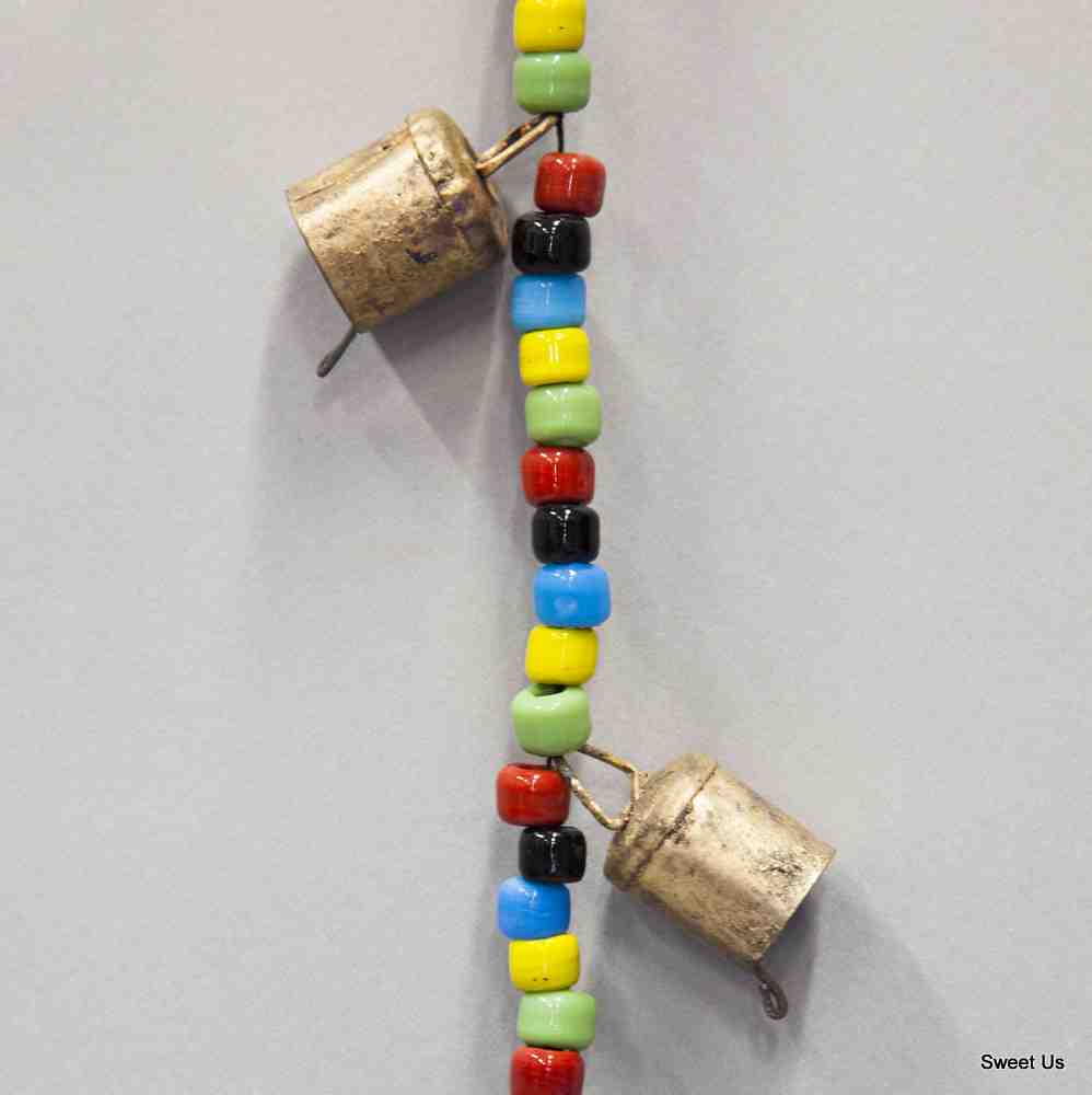Chime of Ten Tin Bells with Metal Striker on 38" Long Cord with Colorful Beads - Sweet Us