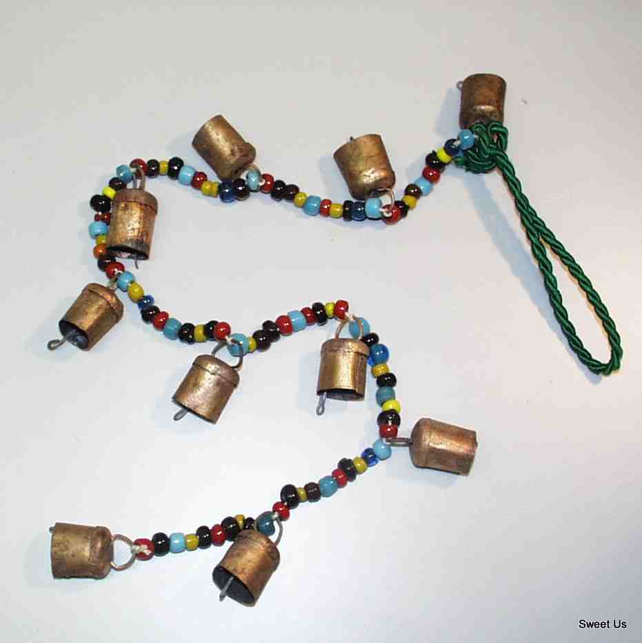 Chime of Ten Tin Bells with Metal Striker on 38" Long Cord with Colorful Beads - Sweet Us