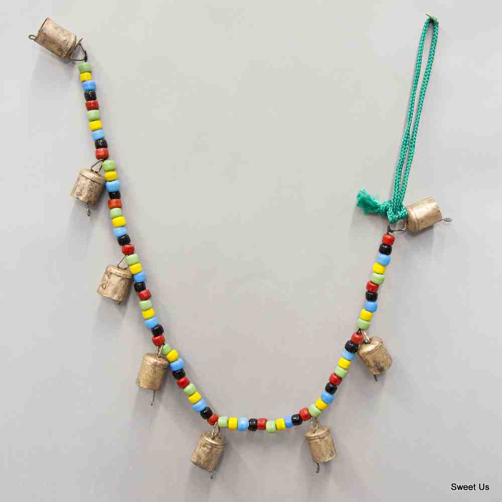 Chime of Ten Tin Bells with Metal Striker on 38" Long Cord with Colorful Beads - Sweet Us