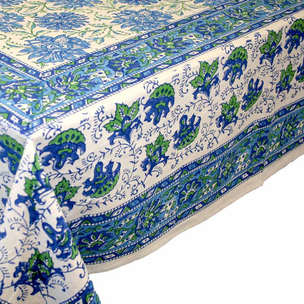 SALE Block Print Tablecloth Rectangular Cotton Blue Green 60 x 90 inches - Sweet Us