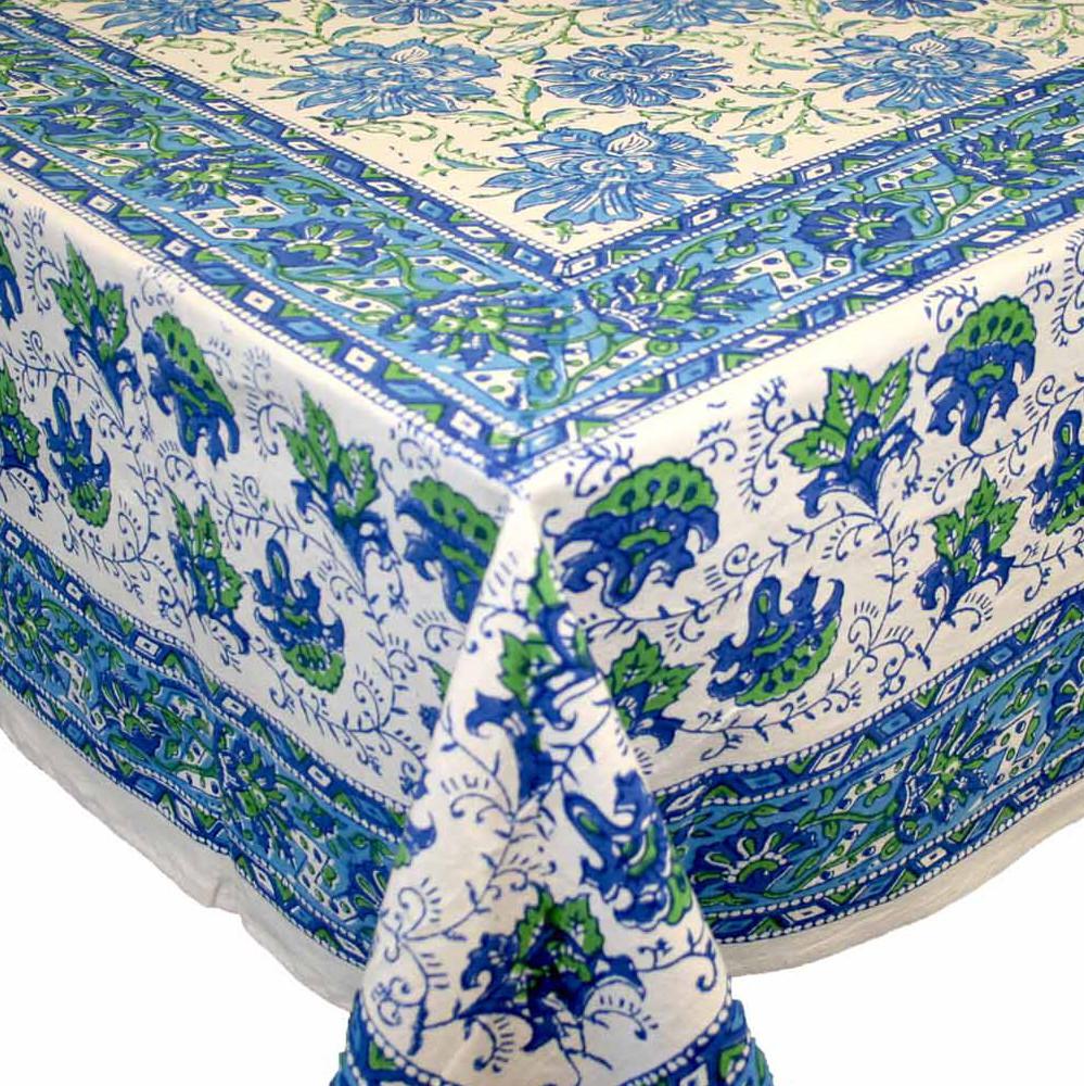 SALE Block Print Tablecloth Rectangular Cotton Blue Green 60 x 90 inches - Sweet Us
